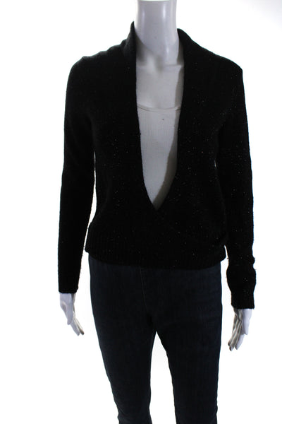 Theory Women's V-Neck Wrap Long Sleeves Glitter Sweater Black Size P