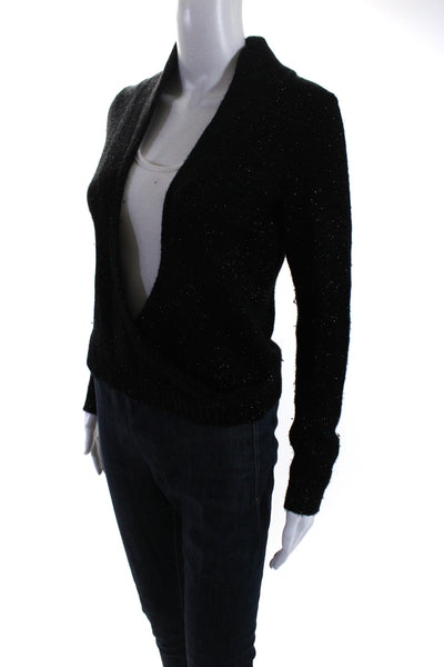 Theory Women's V-Neck Wrap Long Sleeves Glitter Sweater Black Size P