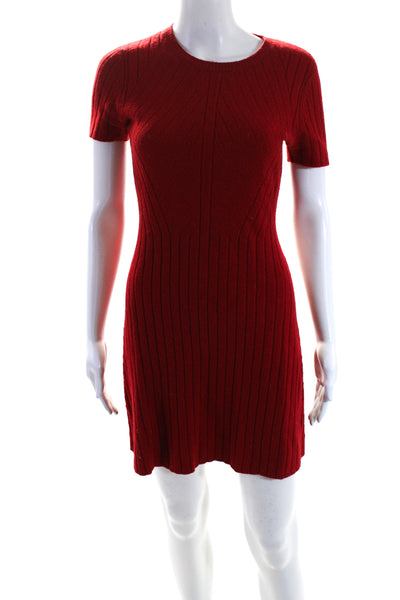 Theory Women's Round Neck Short Sleeves Mini Sweater Dress Red Size P