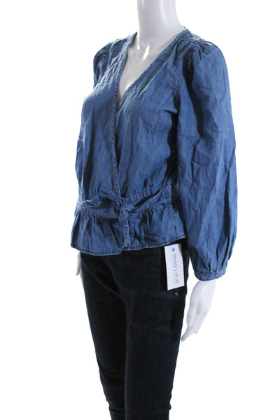 Madewell Womens Chambray Long Sleeves Ruffled Wrap Blouse Blue Size Extra Small