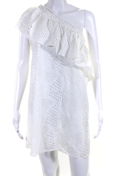 Milly Cabana Women's Asymmetrical One Shoulder Eyelet Mini Dress White Size M