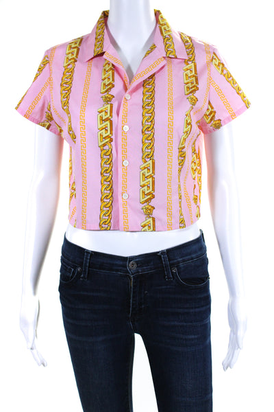 Versace Womens Chain Link Print Button Down Shirt Pink Yellow Cotton Size 2