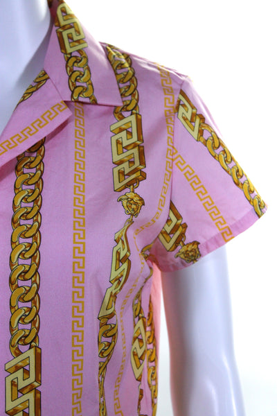 Versace Womens Chain Link Print Button Down Shirt Pink Yellow Cotton Size 2