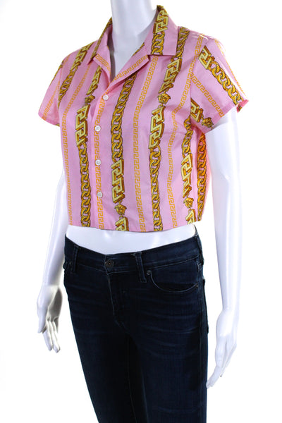 Versace Womens Chain Link Print Button Down Shirt Pink Yellow Cotton Size 2