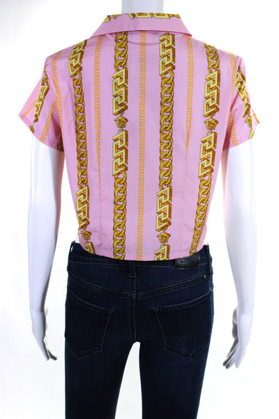 Versace Womens Chain Link Print Button Down Shirt Pink Yellow Cotton Size 2