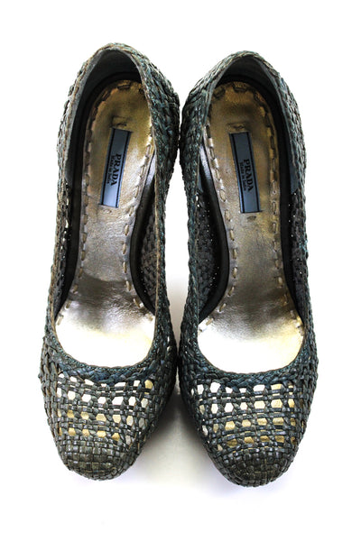 Prada Womens Dark Green Woven Platform High Heels Pumps Shoes Size 7.5