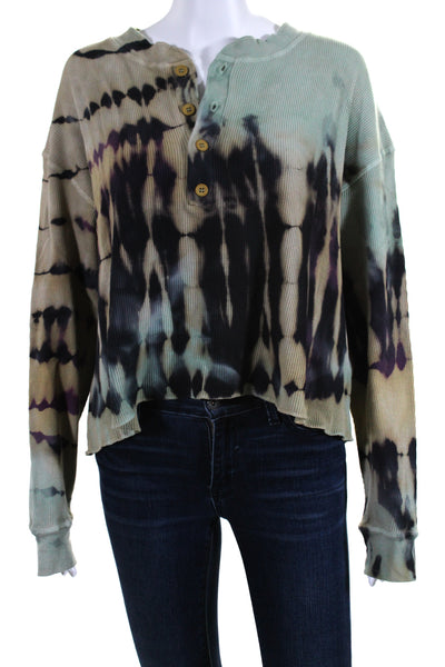 Daydreamer Womens Cotton Tie Dye Textured Buttoned Long Sleeve Top Green Size S