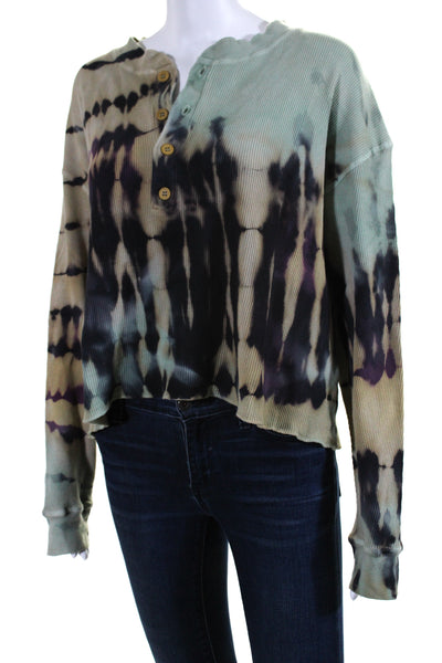 Daydreamer Womens Cotton Tie Dye Textured Buttoned Long Sleeve Top Green Size S