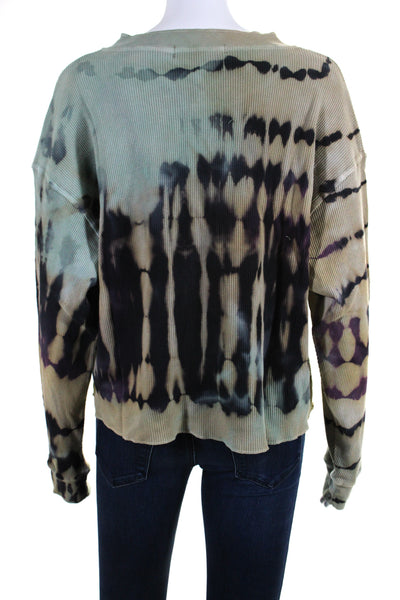 Daydreamer Womens Cotton Tie Dye Textured Buttoned Long Sleeve Top Green Size S