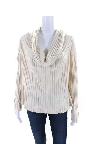 FP Beach Womens Beige Cotton Ribbed Cowl Neck Long Sleeve Sweater Top Size L