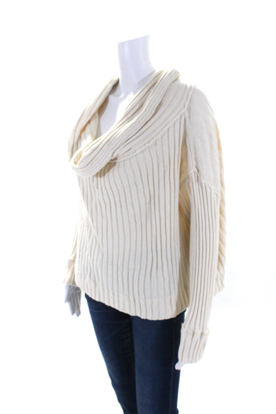 FP Beach Womens Beige Cotton Ribbed Cowl Neck Long Sleeve Sweater Top Size L