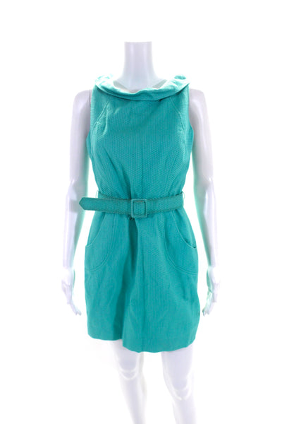 David Meister Womens Teal Textured Boat Neck Sleeveless Shift Dress Size 6