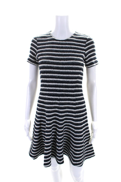 Theory Womens Cotton Striped Print Textured Zip Short Sleeve Dress Navy Size 2