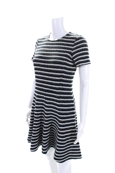 Theory Womens Cotton Striped Print Textured Zip Short Sleeve Dress Navy Size 2