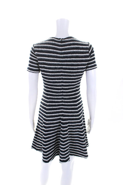 Theory Womens Cotton Striped Print Textured Zip Short Sleeve Dress Navy Size 2