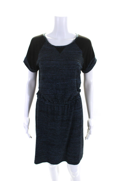 Caslon Womens Striped Stretch Waist Round Neck Short Sleeve Dress Blue Size S