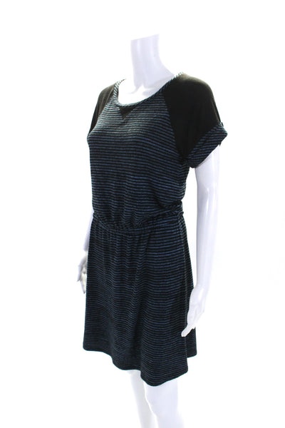 Caslon Womens Striped Stretch Waist Round Neck Short Sleeve Dress Blue Size S