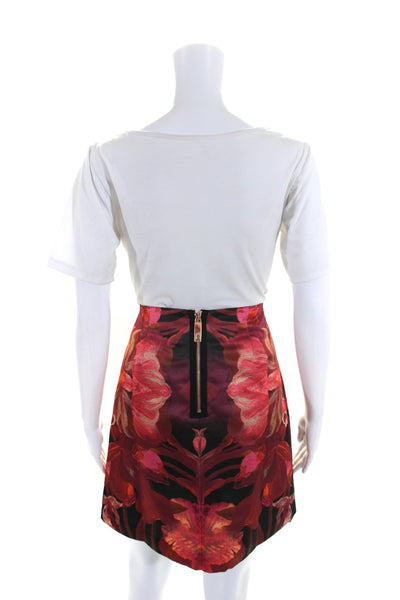 Ted Baker London Womens Floral Print Pleated Zip Up Mini Skirt Red Size 1