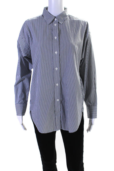 J Crew Womens Cotton Striped Buttoned Long Sleeve Collared Blouse Blue Size S