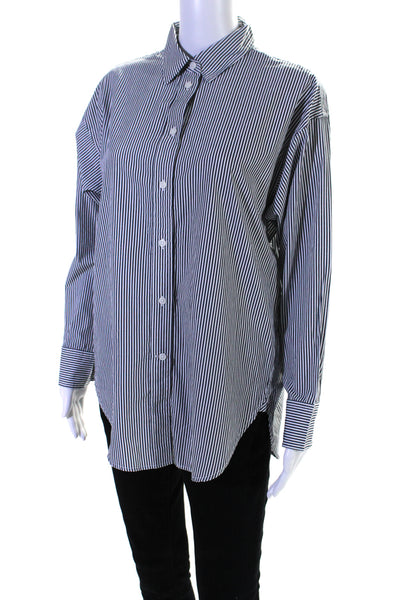 J Crew Womens Cotton Striped Buttoned Long Sleeve Collared Blouse Blue Size S