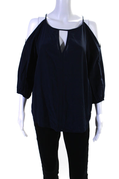 Trina Turk Womens Silk Keyhole Cold Shoulder Bishop Sleeve Blouse Navy Size S