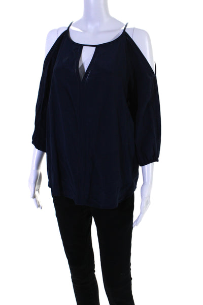 Trina Turk Womens Silk Keyhole Cold Shoulder Bishop Sleeve Blouse Navy Size S