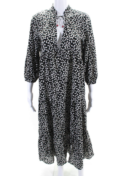 Zara Womens Abstract Printed 3/4 Sleeve Y Neck Midi Dress Black White Size Small