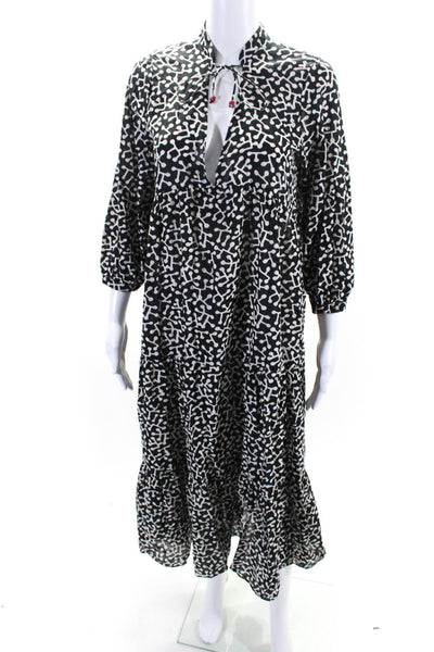 Zara Womens Abstract Printed 3/4 Sleeve Y Neck Midi Dress Black White Size Small