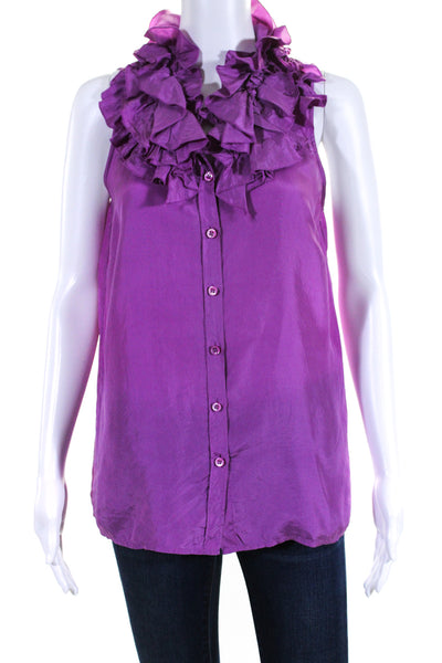 J Crew Womens Silk Ruffled Collar Button Down Sleeveless Blouse Purple Size 8