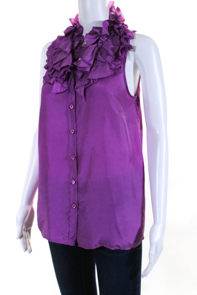 J Crew Womens Silk Ruffled Collar Button Down Sleeveless Blouse Purple Size 8