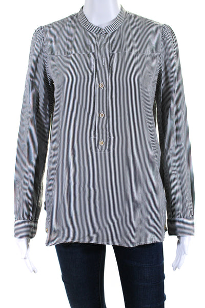 APC Women's Round Neck Long Sleeves Half Button Blouse Black White Stripe Size M