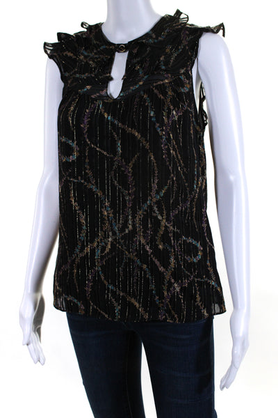 Mayle Women's V-Neck Ruffle Sleeveless Glitter Floral Blouse Black Size 8