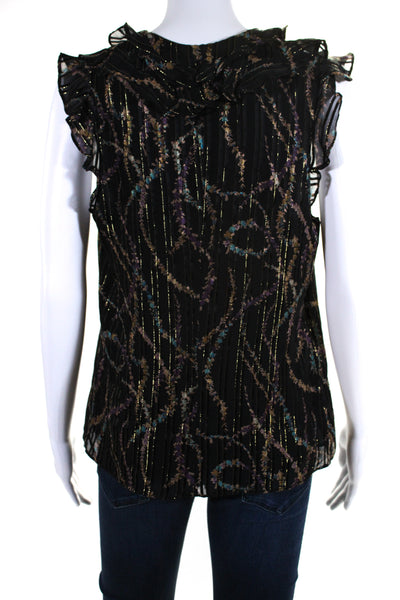 Mayle Women's V-Neck Ruffle Sleeveless Glitter Floral Blouse Black Size 8