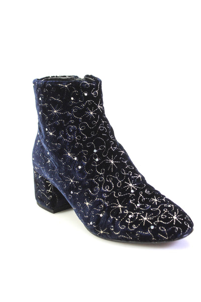 Ash Womens Side Zip Block Heel Rhinestone Star Velvet Booties Blue Size 36