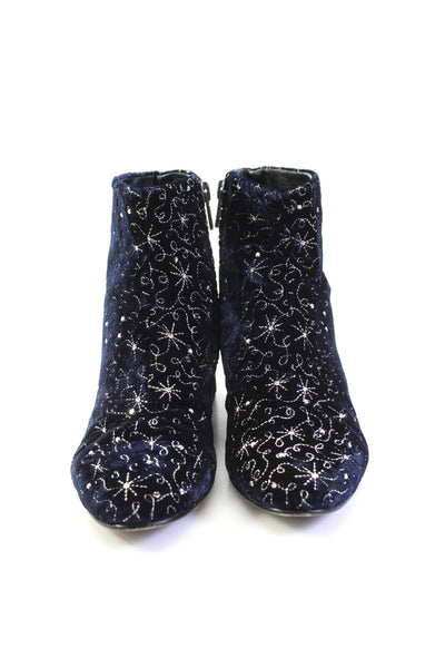 Ash Womens Side Zip Block Heel Rhinestone Star Velvet Booties Blue Size 36