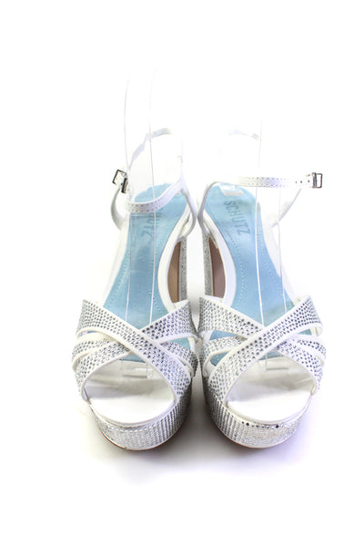 Schutz Womens White Keefa Crystals Bedazzled Platform Heels Sandals Shoes Size6B