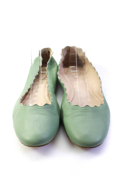 Chloe Womens Lauren Scalloped Leather Ballet Flats Light Green Size 38.5 8.5