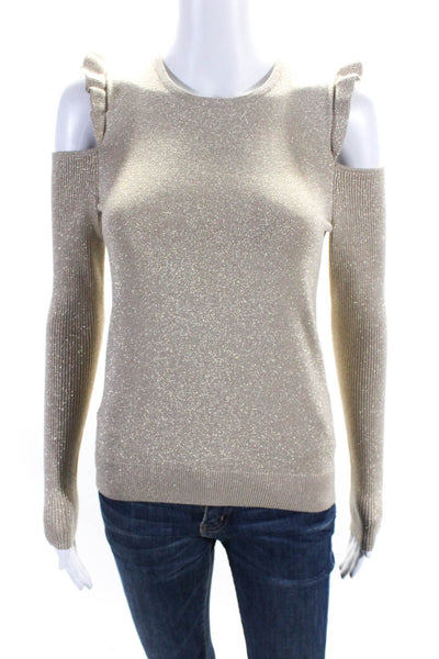 DKNY Womens Metallic Knit Cold Shoulder Long Sleeve Crewneck Top Gold Size S