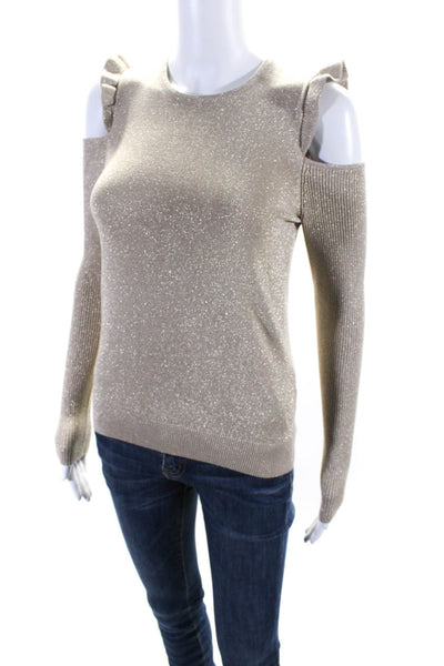 DKNY Womens Metallic Knit Cold Shoulder Long Sleeve Crewneck Top Gold Size S