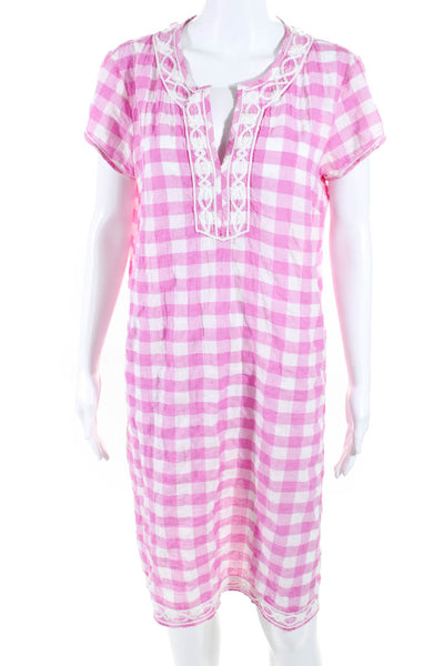 J. Mclaughlin Womens Gingham Plaid Short Sleeves Dress Pink White Size Medium