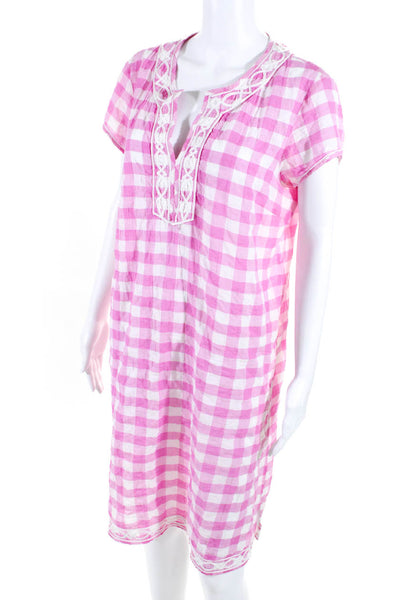 J. Mclaughlin Womens Gingham Plaid Short Sleeves Dress Pink White Size Medium