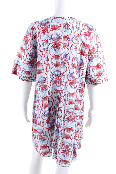 Emily McCarthhy Womens Linen Floral Print Short Sleeves Dress Blue Red Size Smal