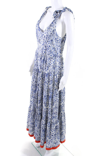 THML Womens Printed Sleeveless V Neck A Line Sun Dress White Blue Size Small