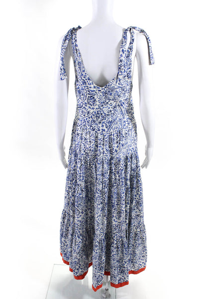 THML Womens Printed Sleeveless V Neck A Line Sun Dress White Blue Size Small