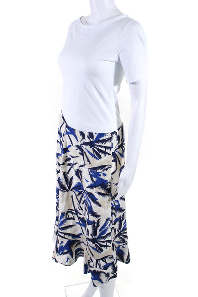 Elle Sasson Womens Silk Printed Button Down A Line Skirt Beige Blue Size 8