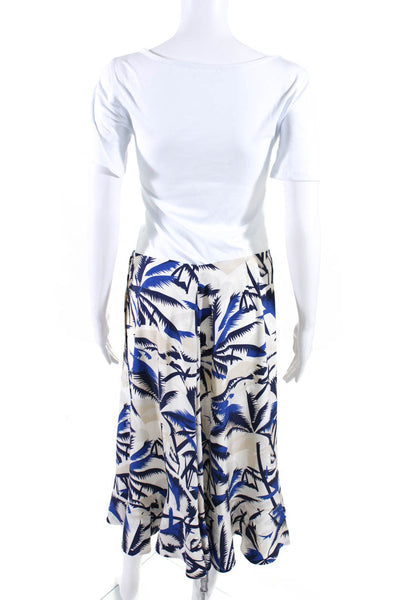 Elle Sasson Womens Silk Printed Button Down A Line Skirt Beige Blue Size 8