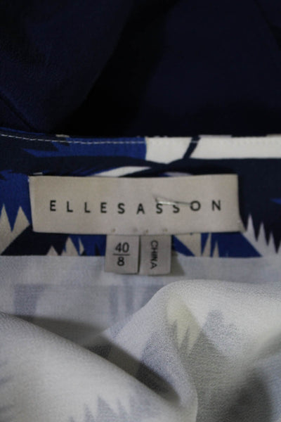 Elle Sasson Womens Silk Printed Button Down A Line Skirt Beige Blue Size 8