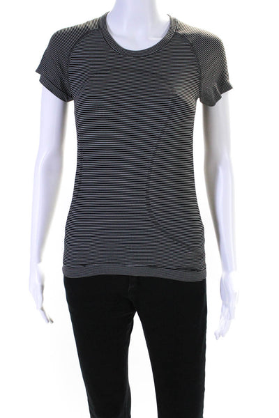 Lululemon Womens Striped Print Round Neck Short Sleeve Top Black Size S