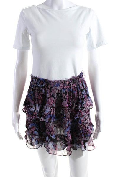 Love Shack Fancy Womens Floral Print Tiered Mini Skirt Pink Purple Size Medium