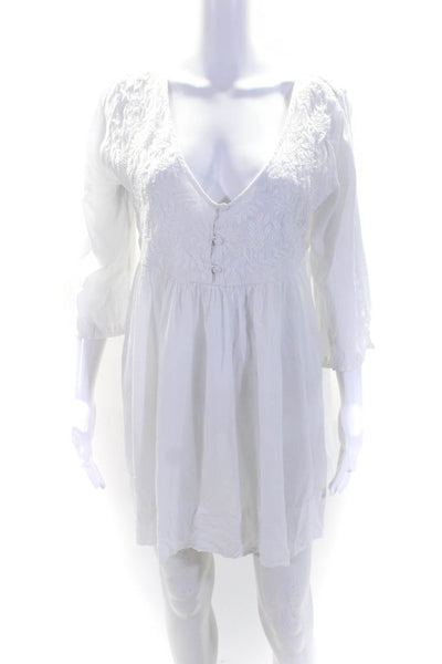 Shoshanna Womens Cotton Long Sleeve Embroidered V Neck Shift Dress White Size M